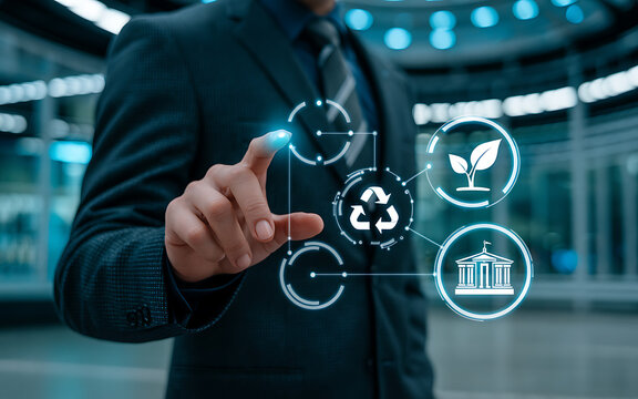 Businessman touching a holographic interface displaying icons for sustainability, recycling, and government, representing corporate social responsibility and environmental initiatives