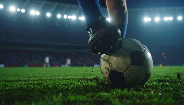 Close up of a Soccer Players Cleat About to Kick a Ball on a Field at Night