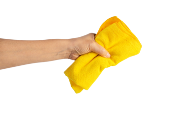 Yellow fiber cleaning cloth, new cloth ready to use on hand, transparent background