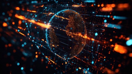 Digital representation of a globe with interconnected glowing blue and orange data points and lines showing a futuristic network environment