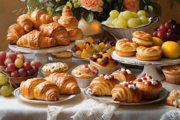 Elegant table setting with an assortment of freshly baked croissants, fruit tarts topped with berries, grapes, and decorative flowers creating a warm and inviting atmosphere