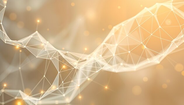Abstract Polygonal Mesh Network Flowing Over a Golden Background, Representing Big Data Visualization, Artificial Intelligence, or Global Business Connection with Soft Bokeh Effects