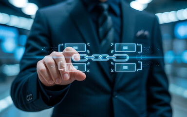 Closeup of a businessmans hand interacting with a digital blockchain interface, symbolizing secure transactions and distributed ledger technology