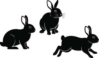 Black silhouette vector illustration of three rabbits in sitting, standing, and running poses, perfect for Easter, wildlife, nature, and animal-themed design projects