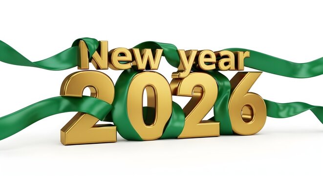 Golden new year 2026 text with green ribbon isolated on transparent background