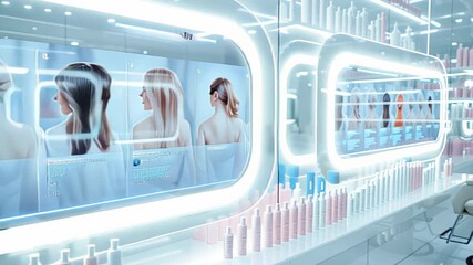 Futuristic hair salon with digital displays showcasing hair color options