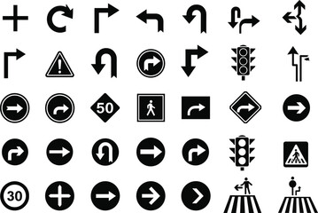 Black vector illustration collection of road traffic signs, direction arrows, pedestrian crossing, and traffic light icons for transport safety and driving navigation design