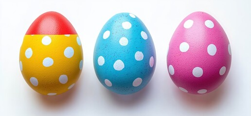 Three colorful Easter eggs painted with white polka dots on red and yellow, blue, and pink backgrounds arranged in a row on a white surface