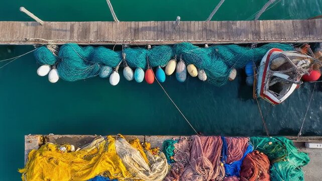Vibrant fishing nets piled on a dock over blue water, next to a boat. Maritime industry, commercial fishing, and colorful abstract texture.
