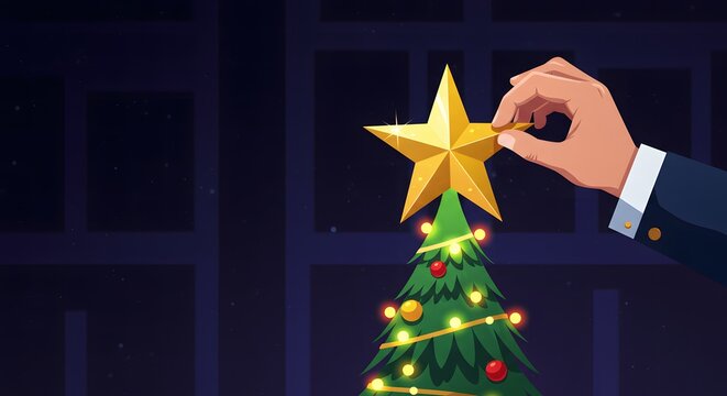 Christmas Tree Decoration Man Places Golden Star on Holiday Tree - Powered by Adobe