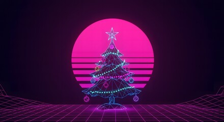 Retro Wave Christmas Tree with Synthwave Sunset for Holiday Seas