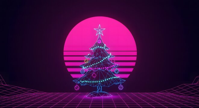 Retro Wave Christmas Tree with Synthwave Sunset for Holiday Seas