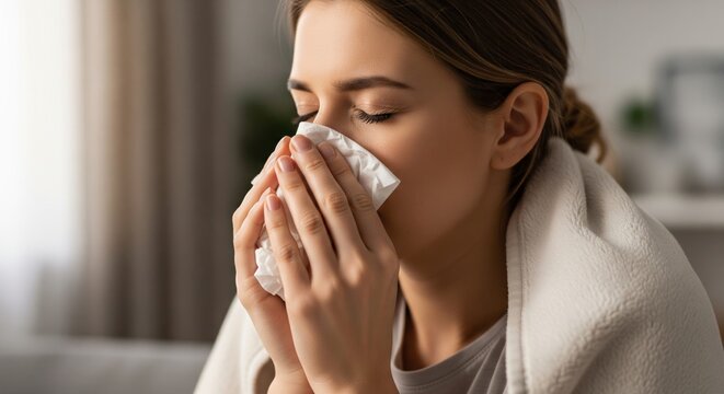Woman Blowing Her Nose into Tissue While Wrapped in Blanket &mdash; Sick at Home