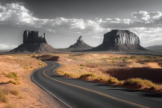 Winding road through desert landscape with towering rock formations under cloudy sky, evoking a sense of adventure and solitude
