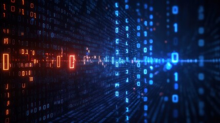 Digital data stream represented by glowing binary code numbers in a futuristic virtual space with depth and light effects
