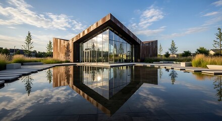 Modern Glass Building Reflected in Serene Water Feature Under Blue Sky.
