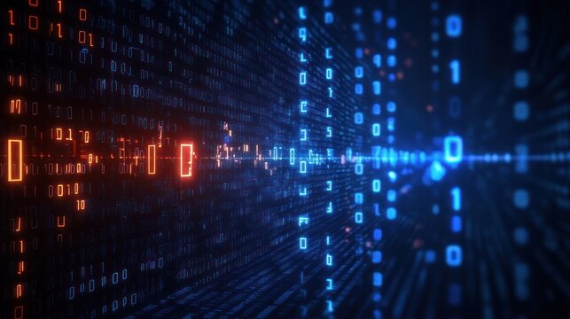 Digital data stream represented by glowing binary code numbers in a futuristic virtual space with depth and light effects