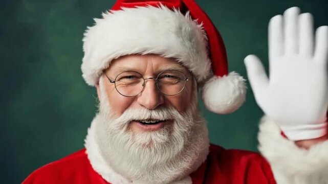 An elderly man with white beard and festive red suit offers a wave. Concept: seasonal spirit, generosity, holiday tradition, winter festival, and goodwill