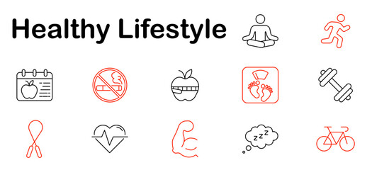 Healthy lifestyle set icon. Yoga, run, apple, heart, dumbbell, scale, calendar, no smoking, rope, bike, sleep, exercise, fit, weight, wellness.