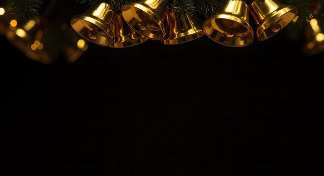 Elegant golden Christmas bells with pine branches and bokeh ligh - Powered by Adobe