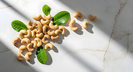 Scattered Cashew Nuts with Green Leaves on Marbled Surface