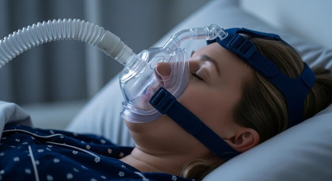 Woman Sleeping with CPAP Full-Face Mask and Hose — Sleep Apnea Therapy