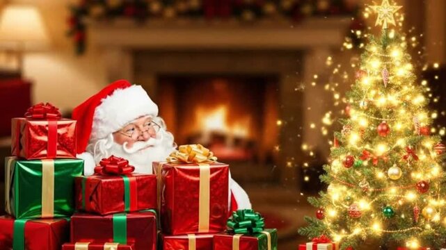 Festive scene with a stack of presents and decorated fir tree, hinting at celebration, magic, Christmas cheer, tradition, and holiday spirit.