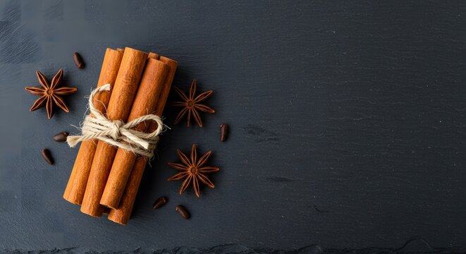 Aromatic Cinnamon Sticks and Star Anise on Dark Background with