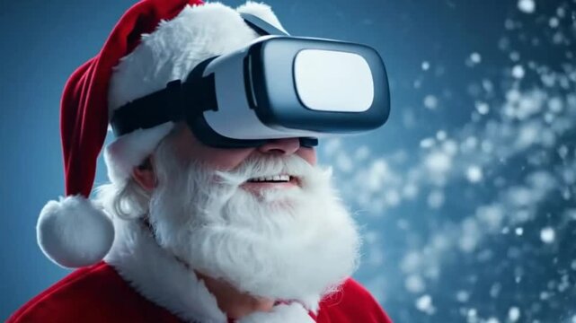 Santa wearing virtual reality headset on blue background, looking around at snowfall. Represents futuristic holiday, immersive experience, santa tech