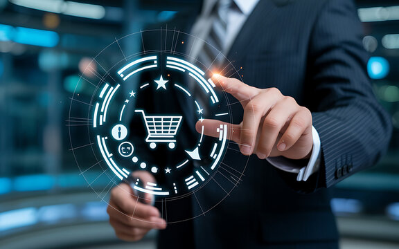 A finger touches a glowing circular interface with a shopping cart icon, representing online shopping and digital transactions