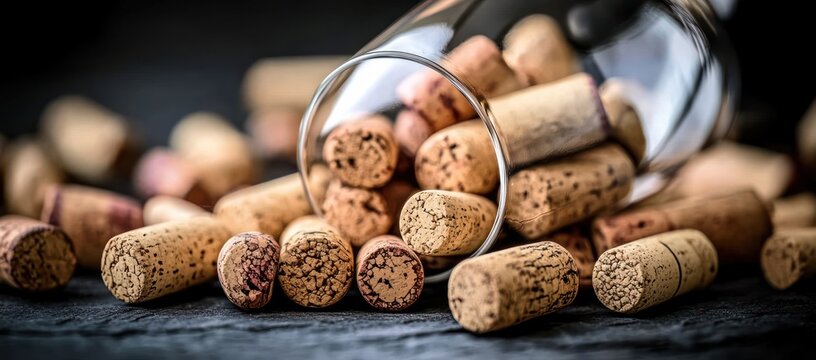Close-up of multiple natural cork wine stoppers spilling out of a tipped transparent glass on a dark surface
