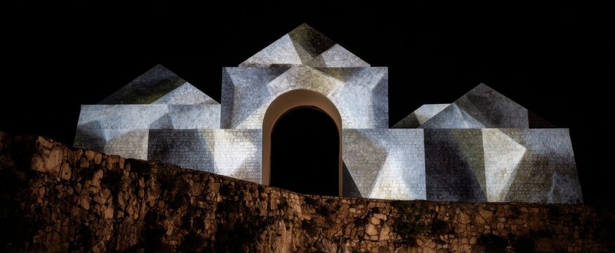 Geometric silhouettes cast onto an uneven rough stone facade.