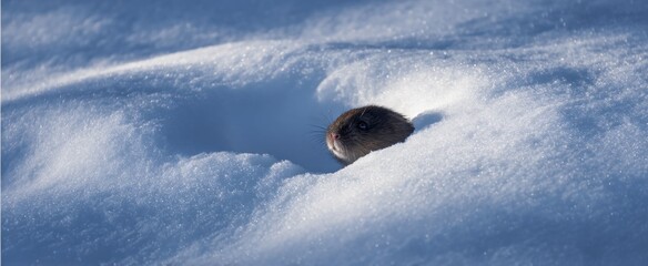 Fototapeta premium Mole digging under a soft layer of new snow in cold wintertime.