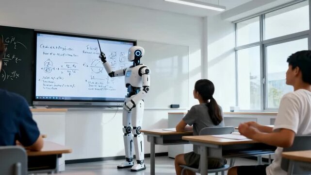 Android Teacher Robot Instructing Students Classroom Education