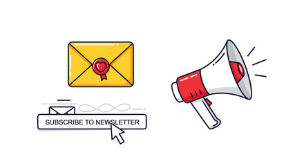 Vivid cartoon illustration featuring a yellow envelope with a red heart-shaped seal, a red and white megaphone with sound waves, and a "Subscribe to Newsletter" banner with a cursor, all set against