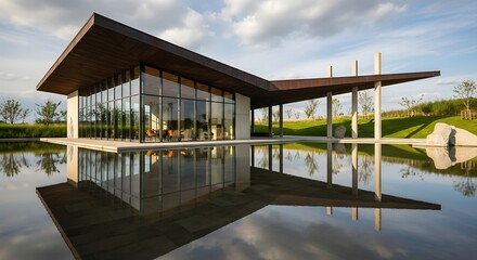 Modern Glass Building Reflected in Serene Water Under Cloudy Sky.