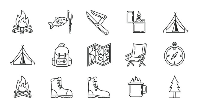 Collection of isolated vector line icons representing camping and outdoor adventure essentials, including a bonfire, fish on a spear, folding knife, tent, lighter, backpack, map, camping chair