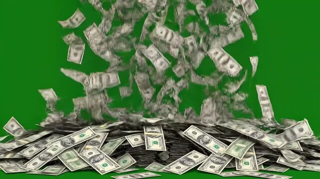 Money Rain US Dollar Bills Falling and Piling Up on Green Screen
