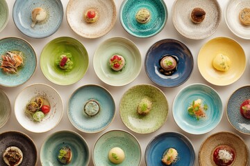 Fototapeta premium Exquisite culinary artistry displayed across a collection of meticulously arranged plates featuring diverse flavors and textures showcasing gourmet presentation and innovation