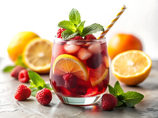 Refreshing red berry cocktail with ice, mint, and citrus slices in a glass, garnished with raspberries and lemon
