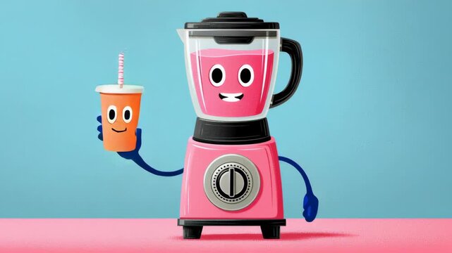 Animated blender character joyfully holding a drink, showcasing vibrant colors and playful expressions, with a gradual zoom in on the cheerful interaction, emphasizing fun and creativity in kitchen ap