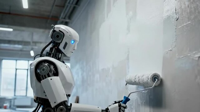 Humanoid Robot Painting Wall Construction Renovation Work