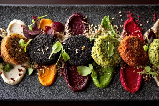 Gourmet plant-based dish showcasing an exquisite arrangement of vibrant falafel served on a stylish platter with colorful dips and garnished microgreens displaying culinary artistry