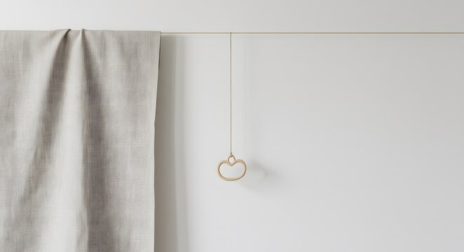 Minimalist baby gym with linen curtain, wooden hanger on a white