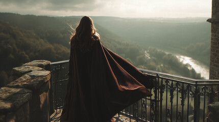A woman with long hair wearing a red cloak is standing on a stone balcony, looking out at a scenic landscape with a river and forested hills in early morning light.