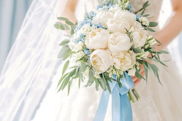 Elegant Overhead View of a Beautiful Bouquet with White Peonies and Blue Accents