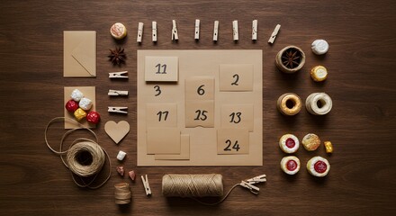 Handmade Advent Calendar Flat Lay on Wood Craft Supplies, Envelo