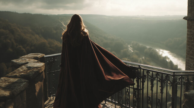 A woman with long hair wearing a red cloak is standing on a stone balcony, looking out at a scenic landscape with a river and forested hills in early morning light.
