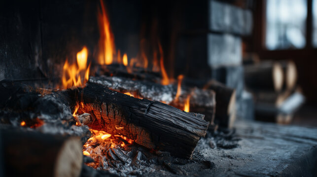 Burning logs create a vibrant fire in a stone fireplace. Embers glow warmly among charred wood and gray ash, providing heat during a cold winter night.