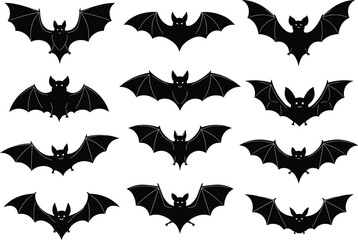 Collection of flying bat silhouettes with open wings, spooky black vector illustration for Halloween night decoration, horror design, wildlife animal and dark theme